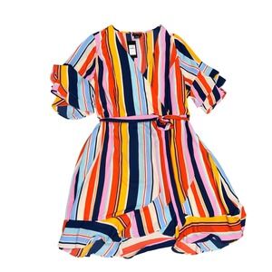 City Chic Summer Stripe Dress XL 22 Multicolor New Faux Wrap Ruffle Sleeve VNeck